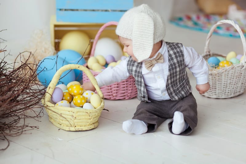 Baby Boy Hat Tie Bow Suit Playing With Easter Eggs