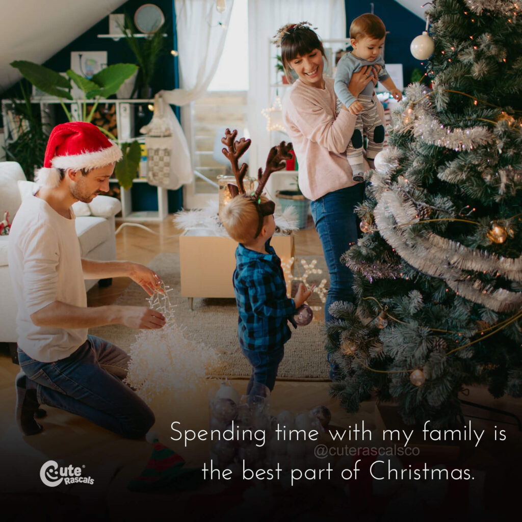 Happy family around the Christmas tree with a touching quote