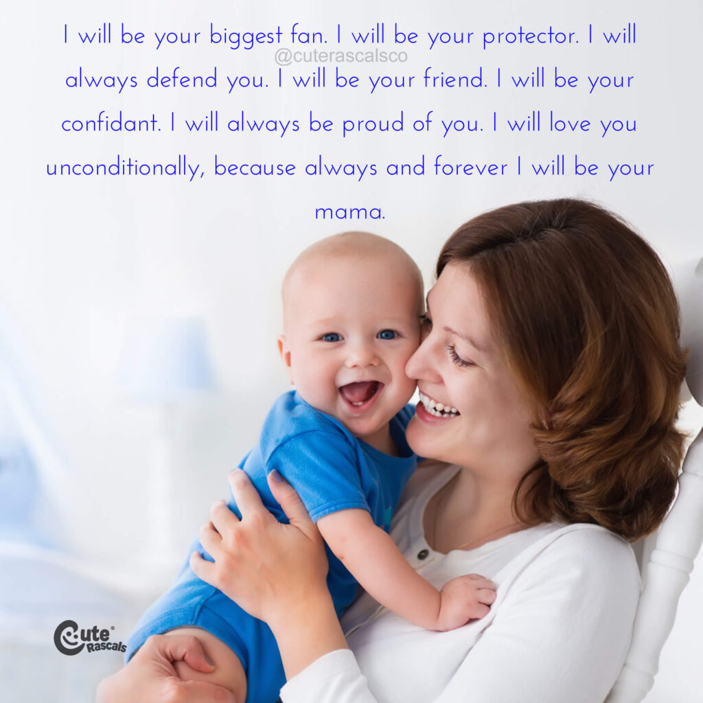 Cute son with mom with a beautiful mother's love for a child quote