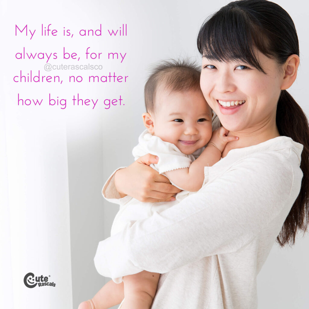 Smiling mom and child with a beautiful mother's love for a child quote