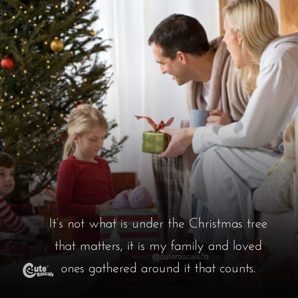 Happy parents with kids opening Christmas presents with an inspiring Merry Christmas quote