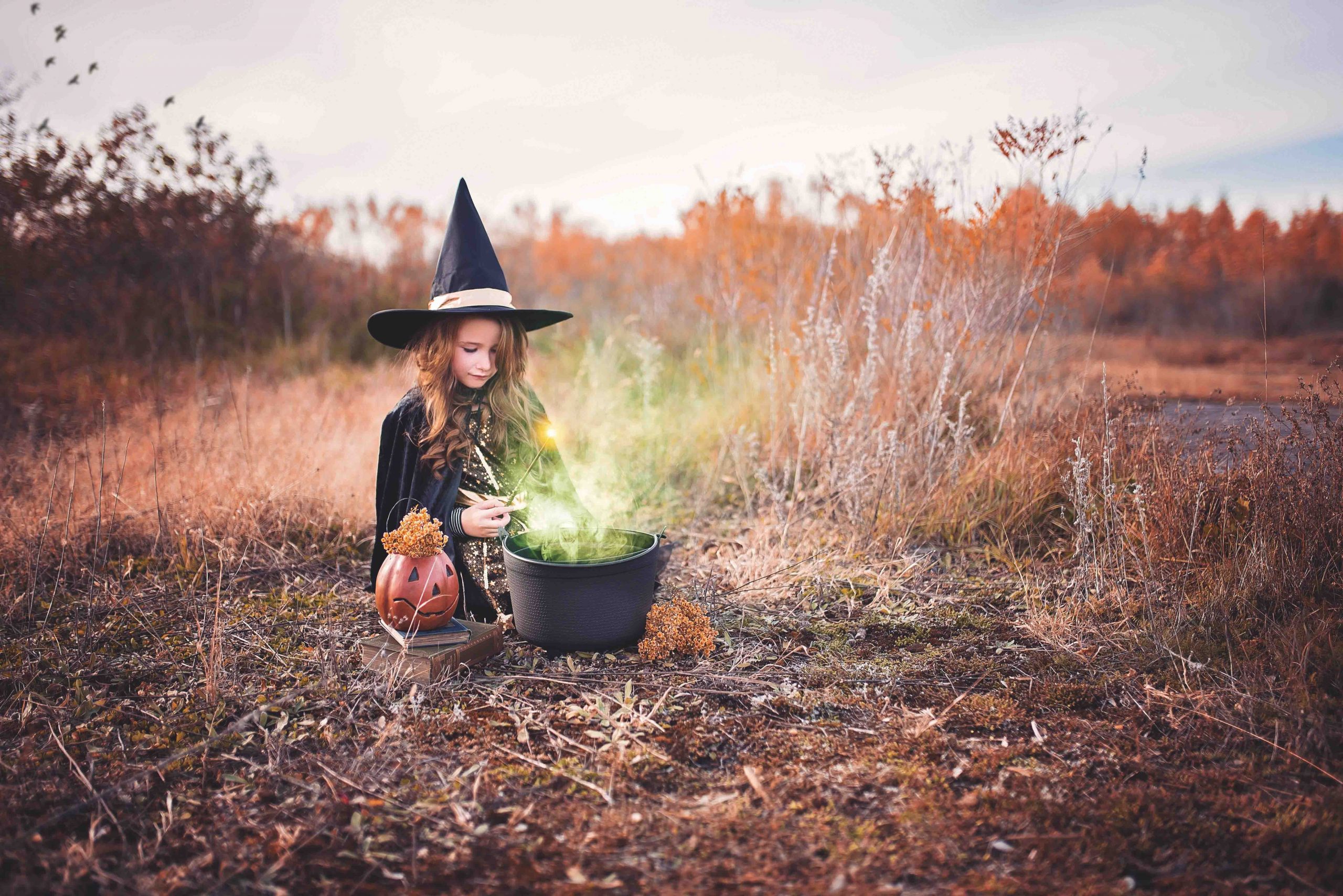 little girl dressed a a witch for Halloween