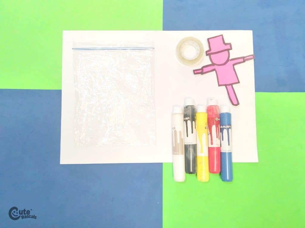 Materials for the colorful scarecrow sensory art for kids