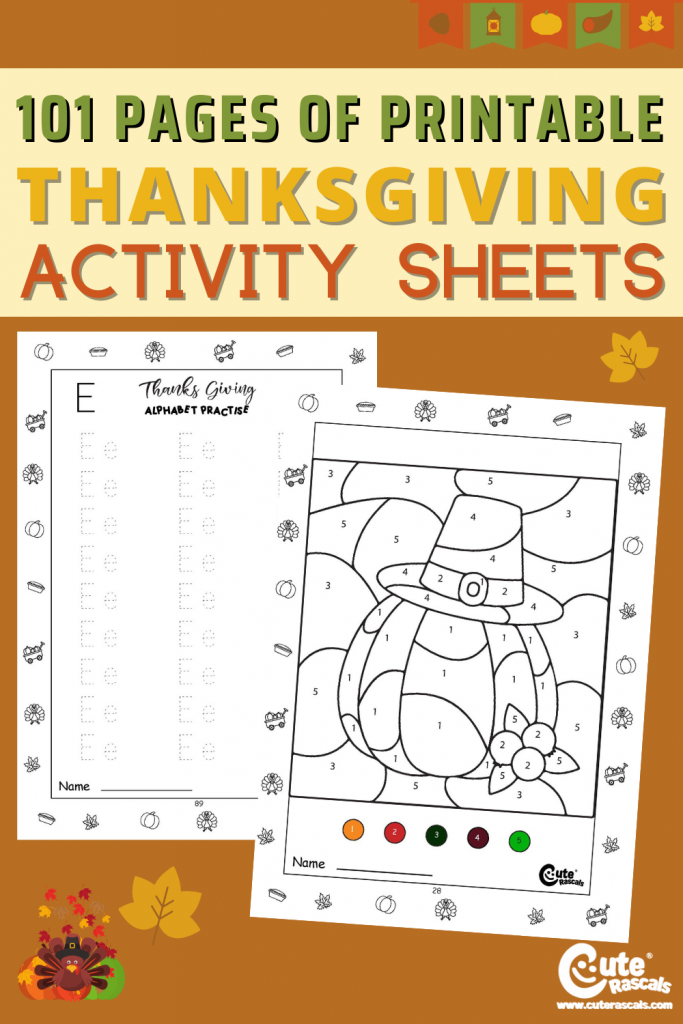 Fun Thanksgiving themed printable worksheets for preschoolers.