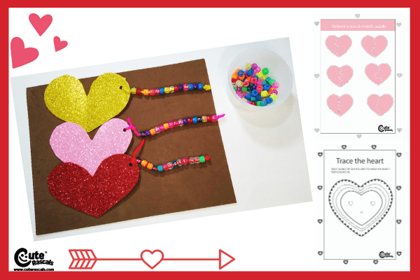 Hearts with beads home activity for kids. 