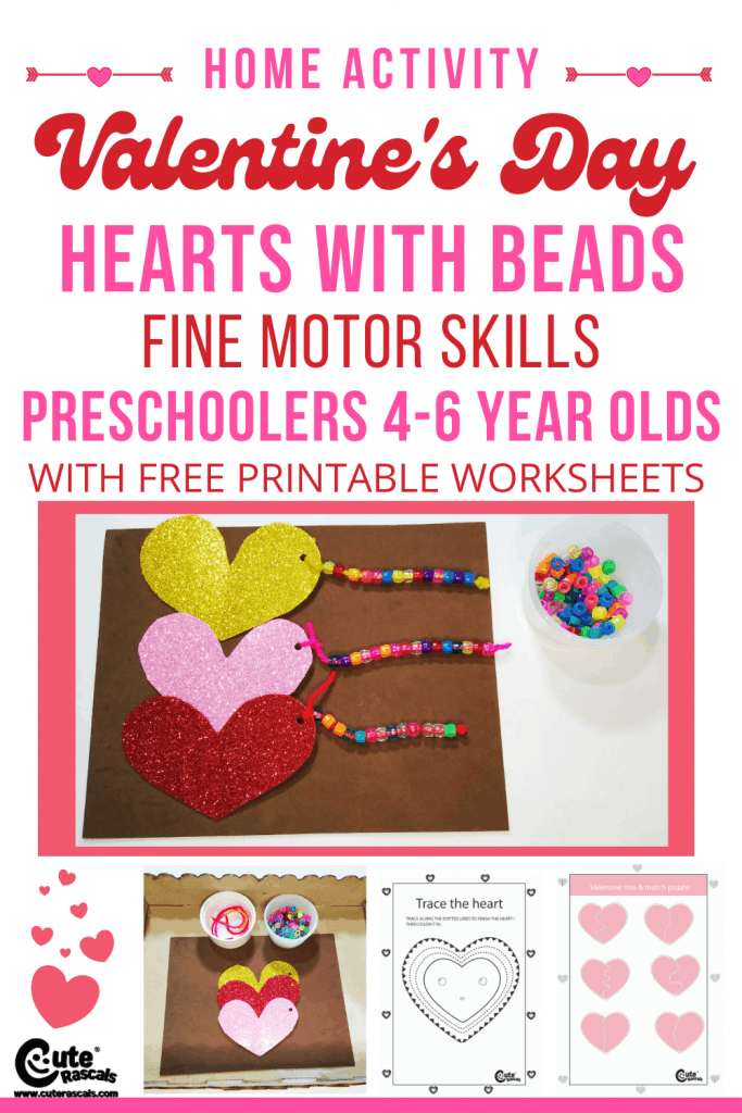 Fun home activity for kids. The hearts with beads activity will help with preschoolers' fine motor skills.