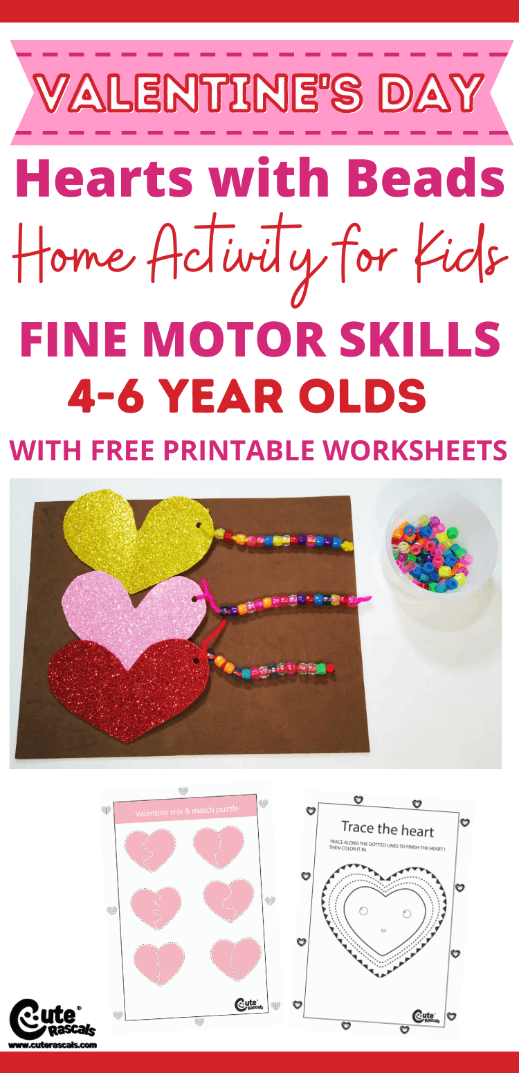 Easy and fun Valentines day home activity for kids. Hearts with beads fine motor skills exercise for 4-6 years old.