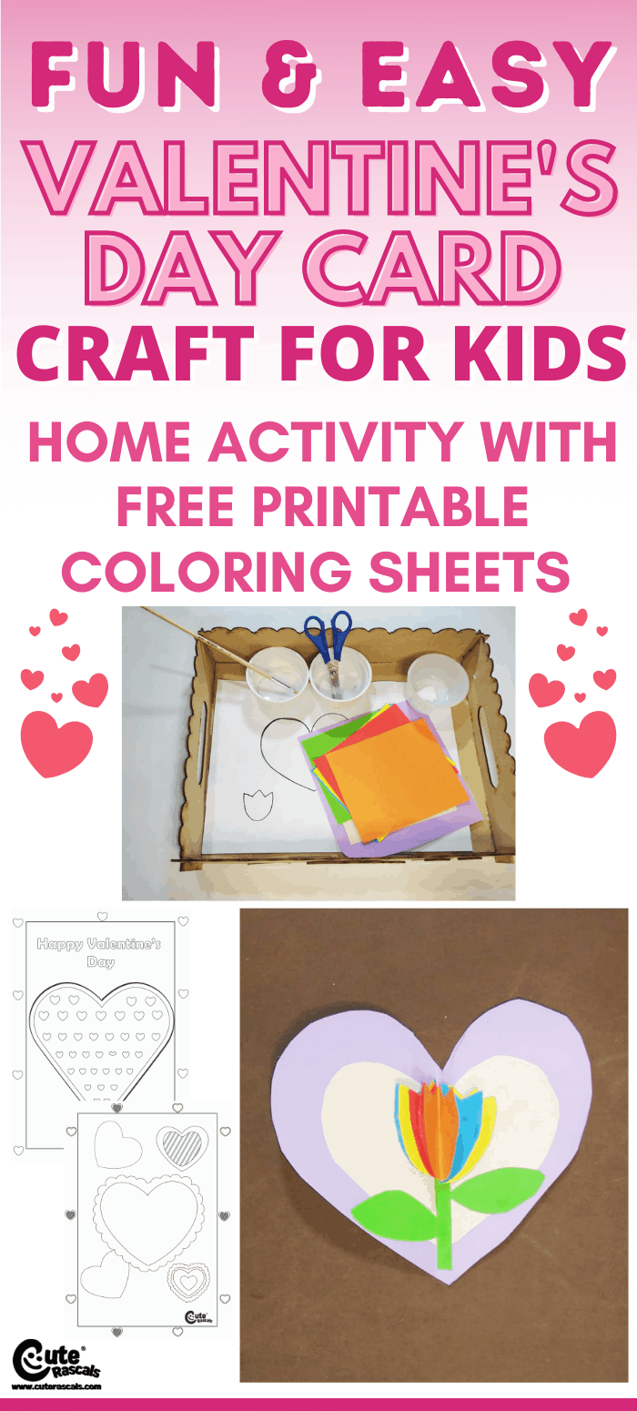 Easy DIY home activity with kids. A fun Valentines day card for kids craft with free printable coloring sheets for 4-6 years old.