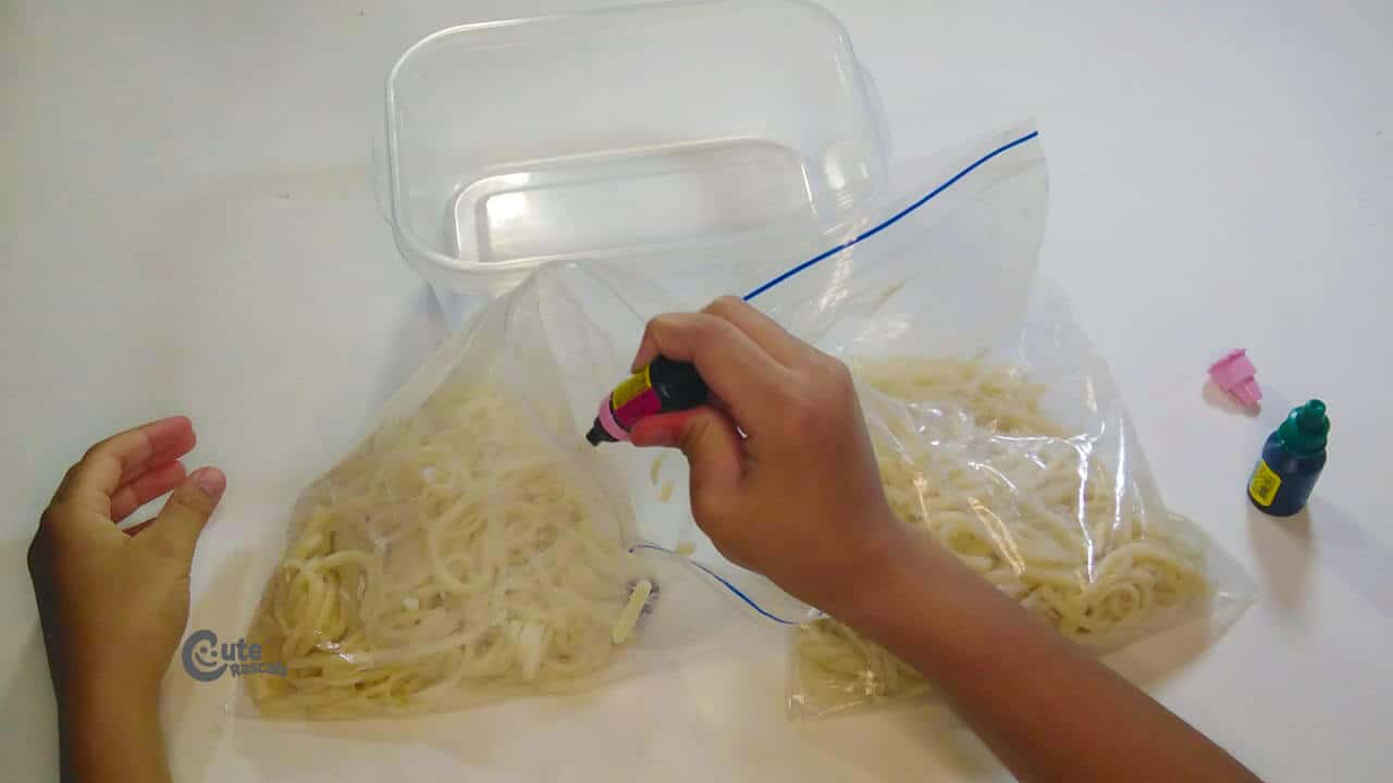 Add food coloring to each bag