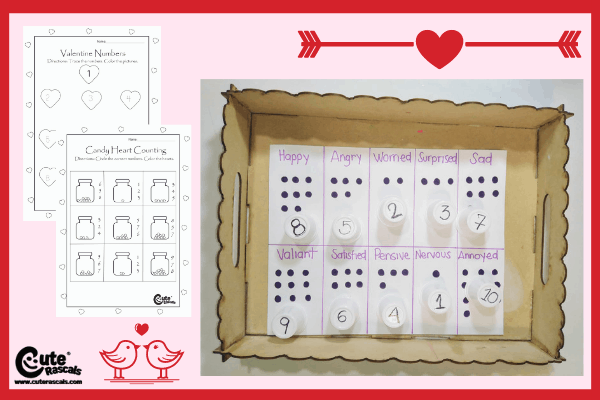 Fun and easy Valentine's day crafts that will teach counting and feelings to preschoolers. With free printable worksheets.