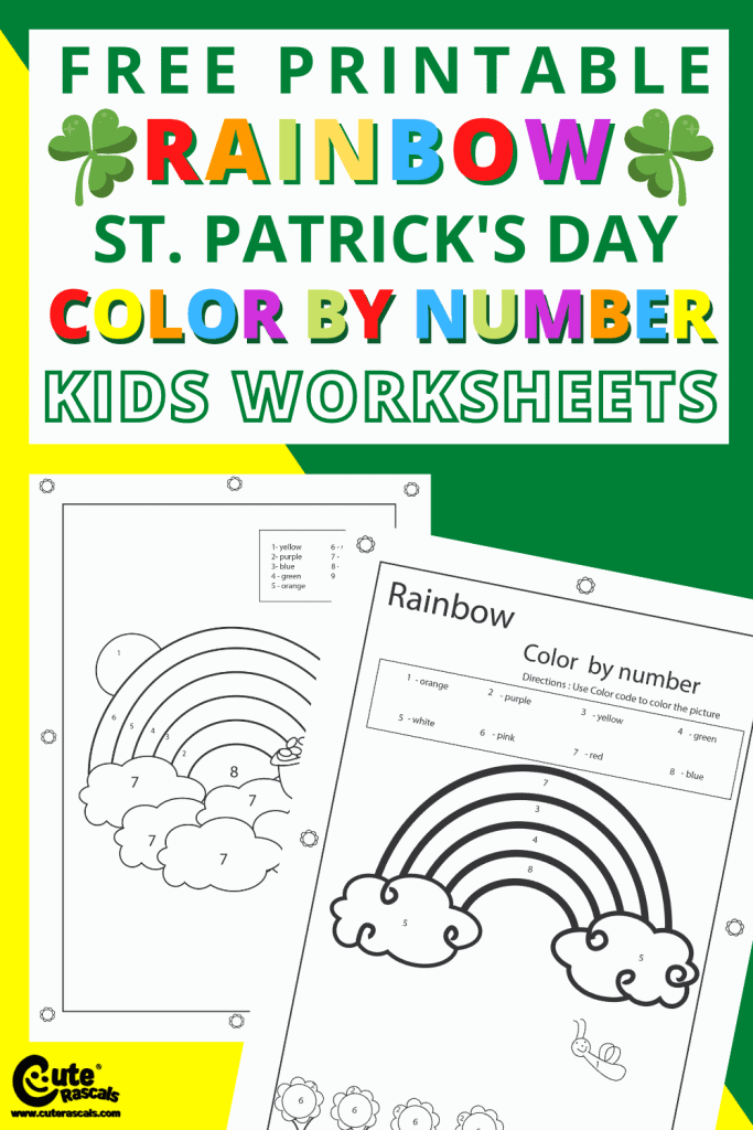 Free printable rainbow color by number worksheets for preschoolers.