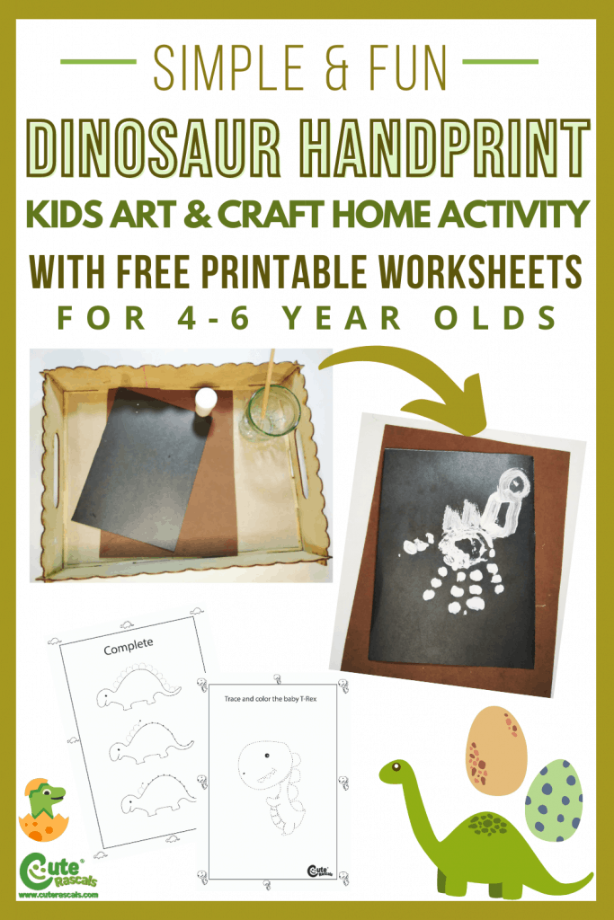 Dinosaur handprint craft and art hone activity for kids with free printable worksheets.