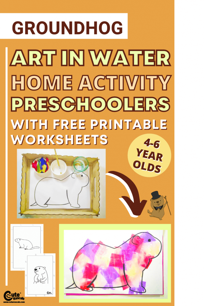 Fun water art for preschoolers. Groundhog colorful artwork. A Montessori activity for kids. With free printable worksheets.