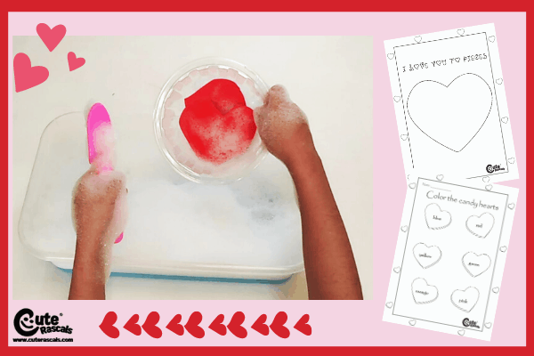 Sensory activity for toddlers, washing Valentine hearts.