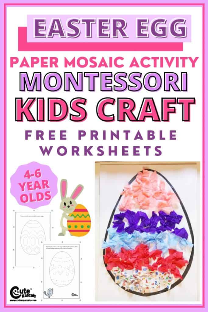 Easter egg paper mosaic. Fun Montessori Easter crafts for kids with free printable worksheets.