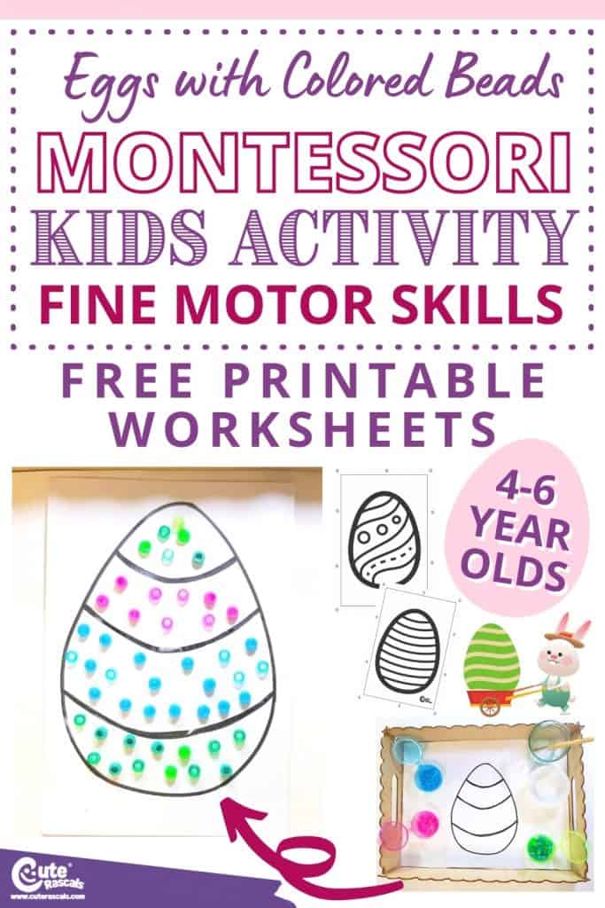 Easter eggs with colored beads Montessori kids activity with free printable worksheets. Easter activities for preschoolers.