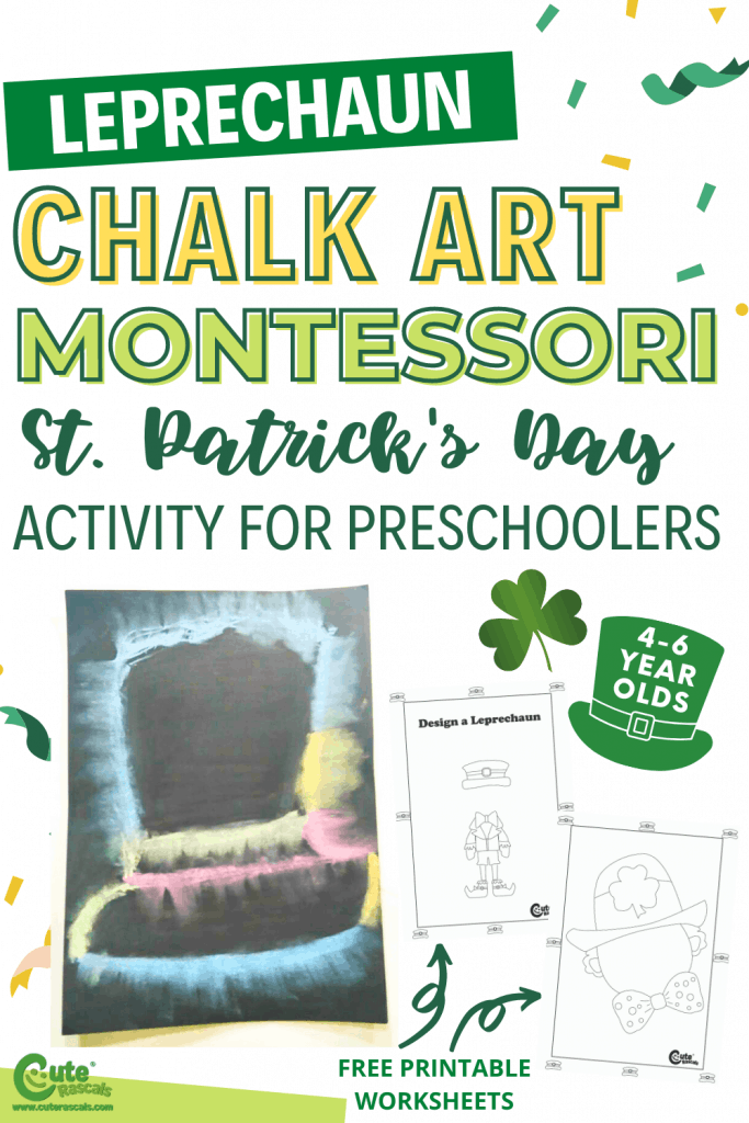 Leprechaun chalk art for kids activity. A Montessori home activity with free printable worksheets for St. Patrick's Day