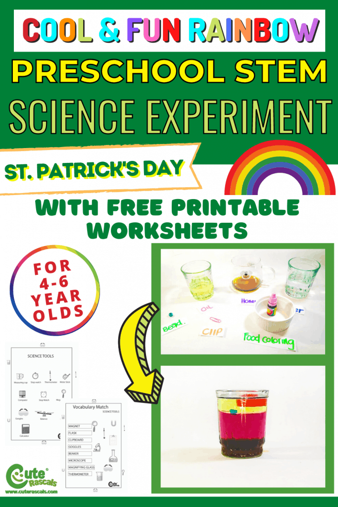 Rainbow science experiment for St. Patrick's Day. Easy kids science experiments with free printable worksheets.
