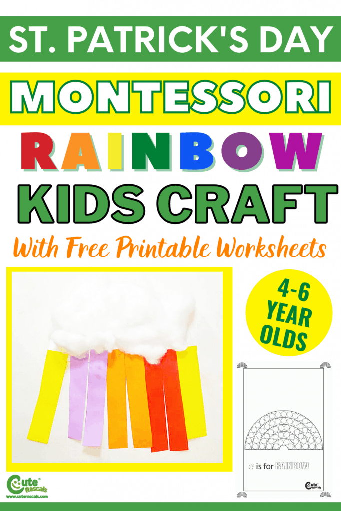 Preschool rainbow craft kids activity for St. Patrick's Day with free printable worksheets.