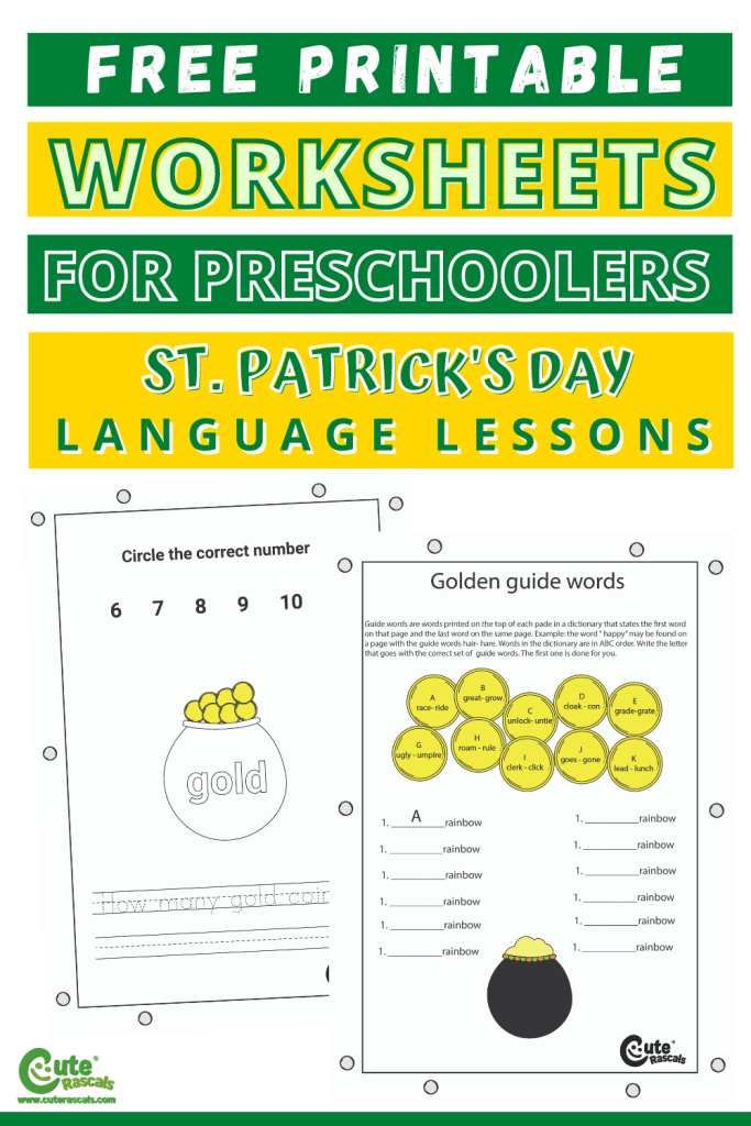 Free printable worksheets for spelling games for kids with gold coins for St. Patrick's Day