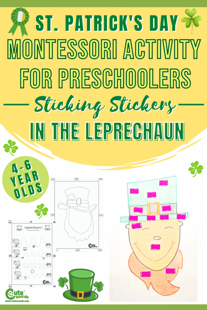 St. Patrick's day Montessori preschool activities. Leprechaun sticking stickers activity for kids with free printable worksheets.