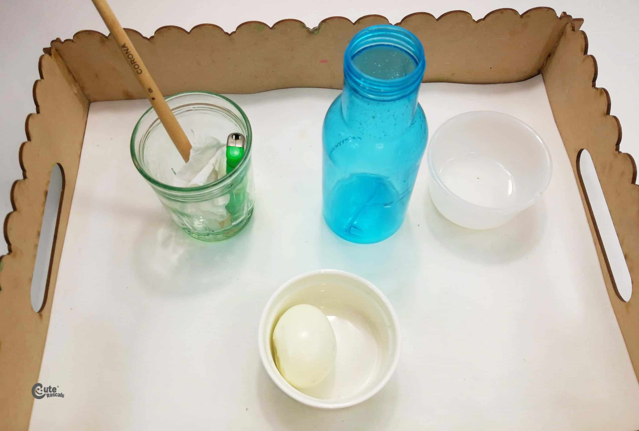 Materials egg inside a bottle. Easter science experiments for kids