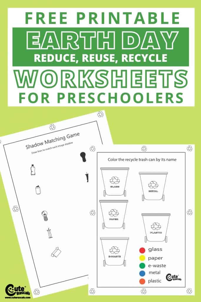 Free printable Earth day worksheets for kids. Recycling worksheet for preschoolers.