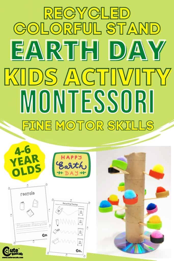 Colorful stand made of recycled materials. Earth Day activities for kids that helps with their fine motor skills.