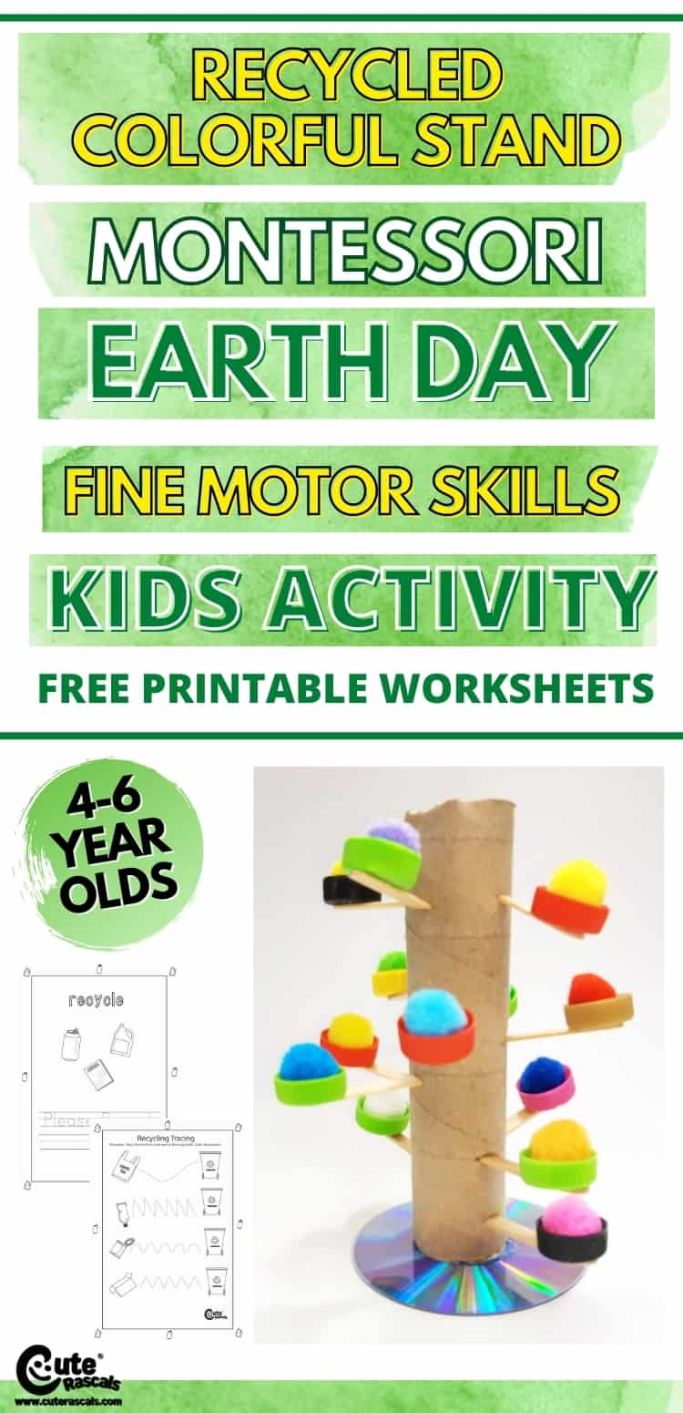 Fun Earth Day activity for kids and improving fine motor skills while using recycled materials to make a colorful stand.