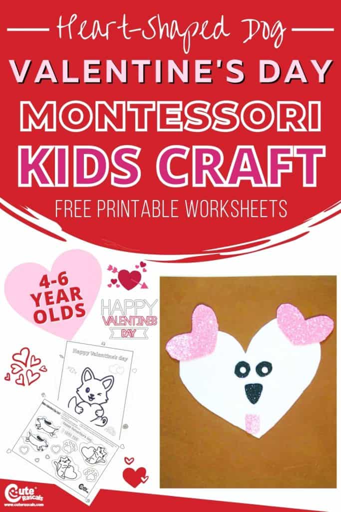 Heart shaped dog Valentines day kids crafts. With free printable worksheets.
