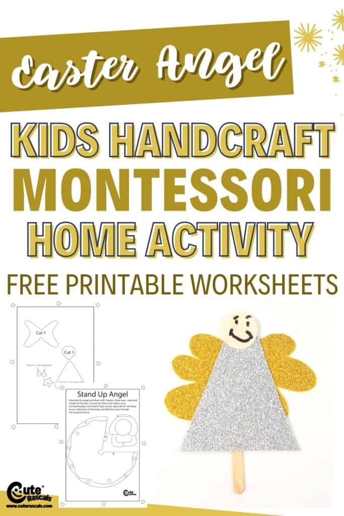Easter glittery angel handcraft for kids with free printable worksheets.