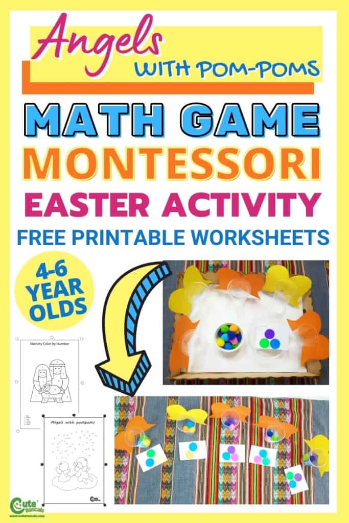 Easter math games for preschoolers. Angels with pom-poms sorting activity