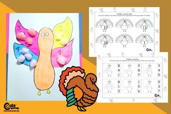 Thanksgiving Turkey Cotton Wings Numbers and Quantity Montessori Kids Activity (4-6 Years Old)