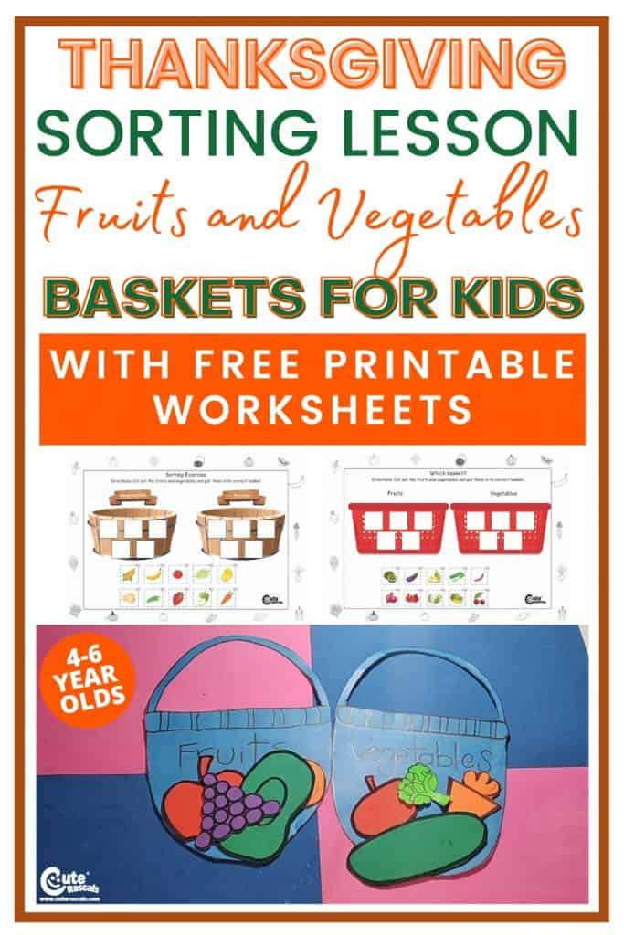 Thanksgiving fruits and vegetables for kids sorting activity with free printable worksheets