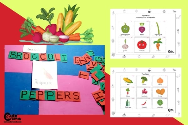 Thanksgiving Vegetable Spelling for Children with Worksheets (4-6 Year Olds)