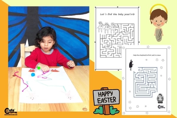 Find Baby Jesus Easy Maze Game for Kids Fine Motor Skills Worksheets (4-6 Year Olds)