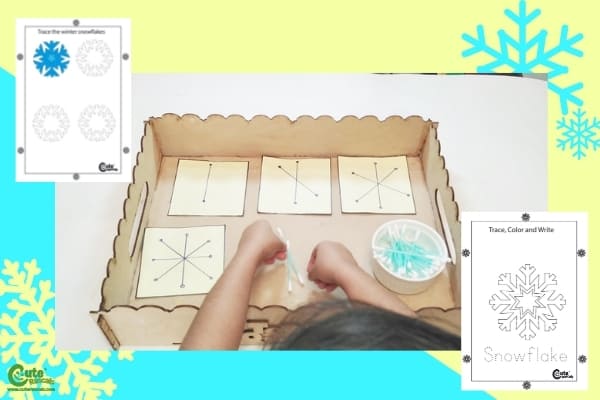 Cotton Swabs Snowflakes Winter Activity for Kids Fine Motor Skills Montessori Worksheets (4-6 Year Olds)