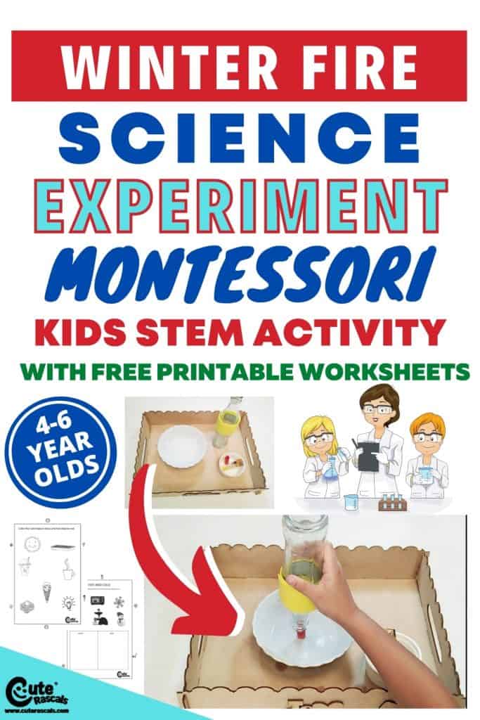 Winter fire science experiment for kids at home with free printable worksheets