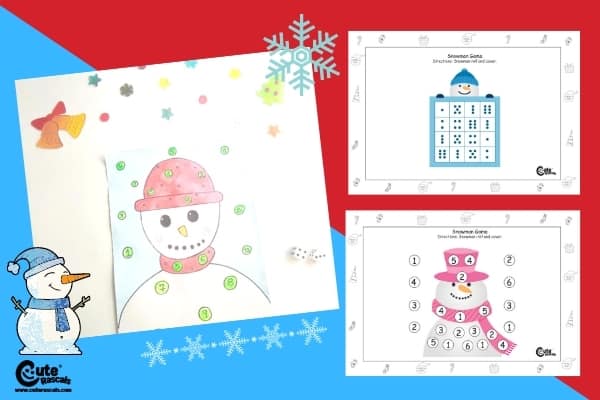 Snowman and Dice Fun Math Games for Kids with Worksheets (4-6 Year Olds)